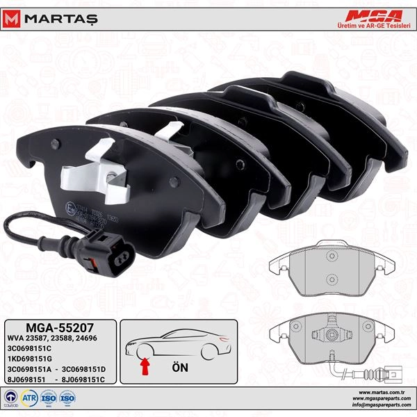  MGA 55207 | Ön Fren Balatası-Kablolu-(VW Caddy 04-15 Golf 04-14 Passat 06-11 Polo 10-Audi A3 04-13 Seat Leon 06-13) 3C0698151C